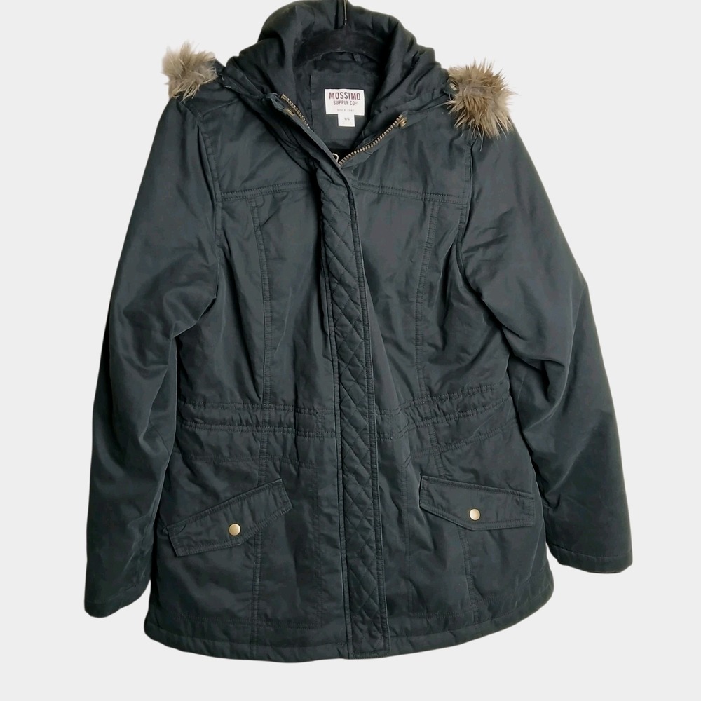 Mossimo Supply Co Womens Parka Coat Size Large Dark Gray Faux Fur Hood Utility